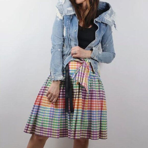 NWT J Crew Sz 0 Bow Tie Front Coquette Preppy Midi Full Skirt Gingham High Wait - Picture 2 of 16